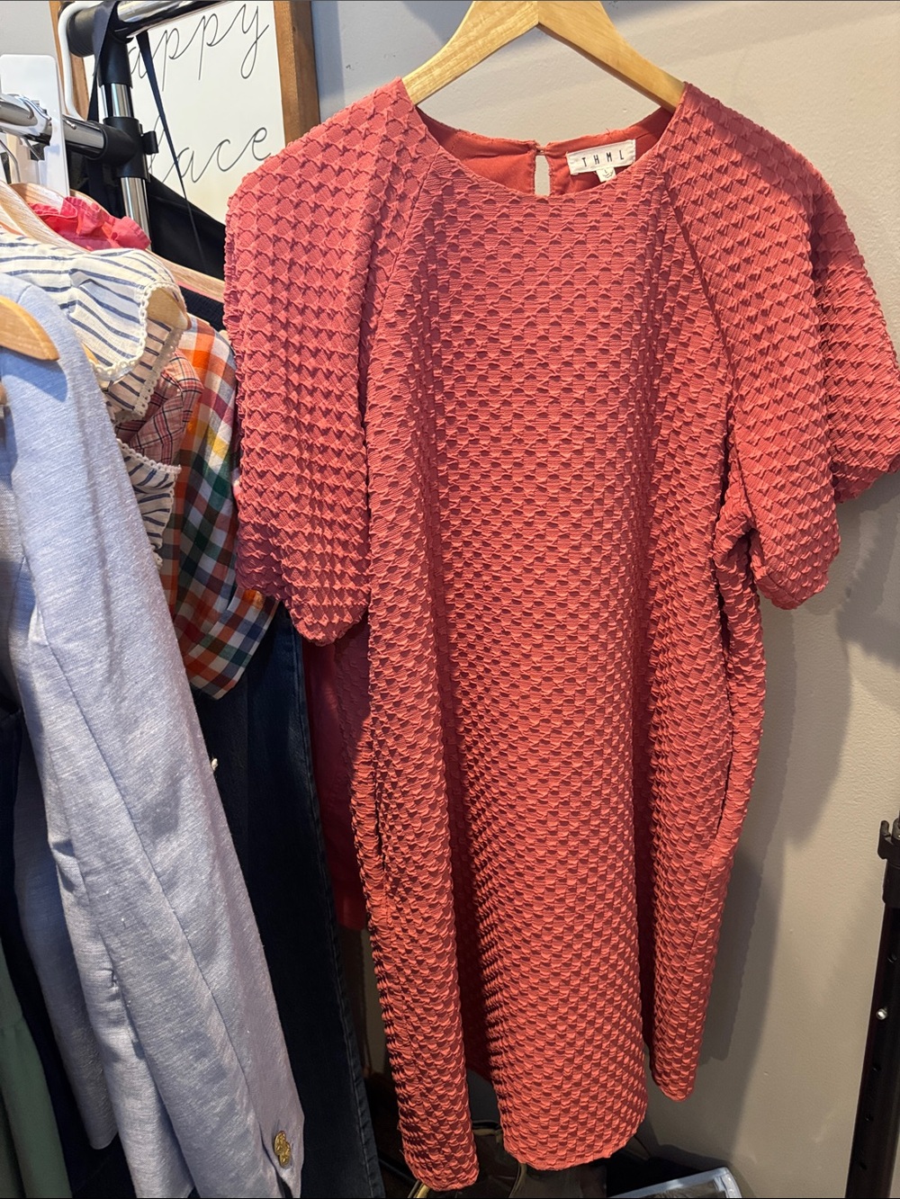 THML Textured Shift Midi Dress in Coral Pink
